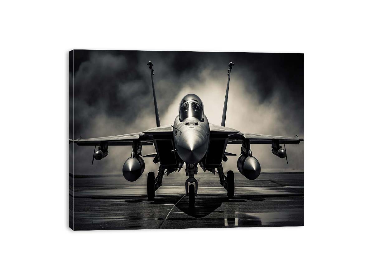Moody front view fighter jet canvas art for industrial office or man cave decor.
