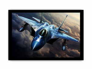 Blue fighter jet canvas art flying above clouds for modern office wall decor.