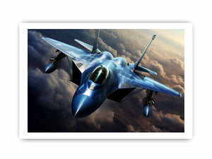 Blue fighter jet canvas art flying above clouds for modern office wall decor.