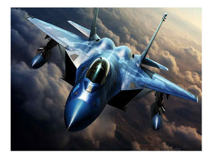 Blue fighter jet canvas art flying above clouds for modern office wall decor.