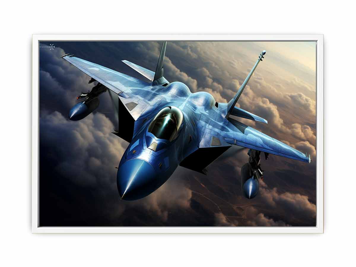 Blue fighter jet canvas art flying above clouds for modern office wall decor.