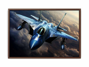 Blue fighter jet canvas art flying above clouds for modern office wall decor.
