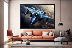 Blue fighter jet canvas art flying above clouds for modern office wall decor.