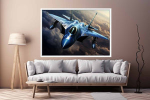 Blue fighter jet canvas art flying above clouds for modern office wall decor.