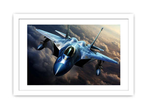 Blue fighter jet canvas art flying above clouds for modern office wall decor.