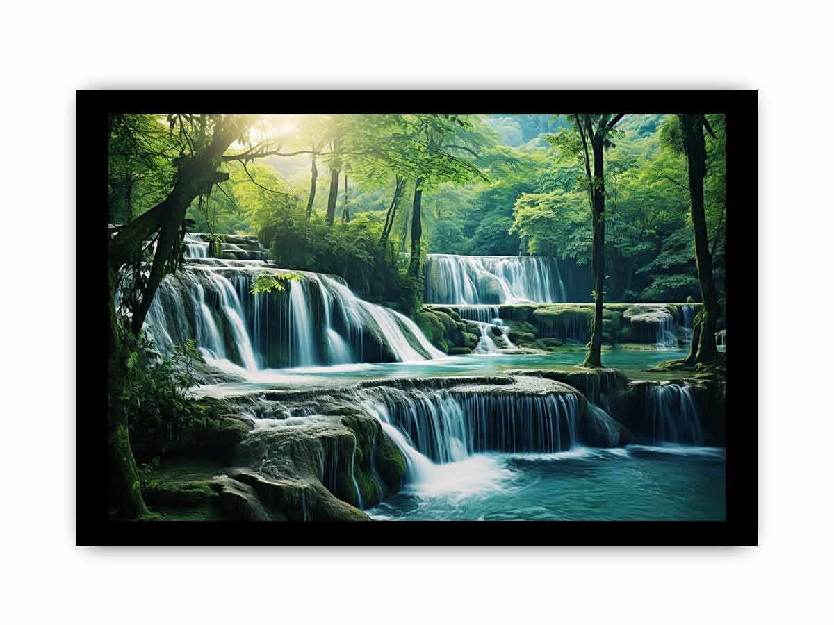 Emerald Falls lush tiered waterfall forest landscape for modern living room decor.
