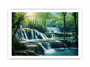 Emerald Falls lush tiered waterfall forest landscape for modern living room decor.