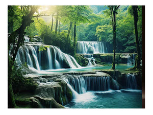 Emerald Falls lush tiered waterfall forest landscape for modern living room decor.