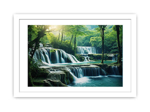 Emerald Falls lush tiered waterfall forest landscape for modern living room decor.