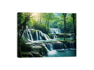 Emerald Falls lush tiered waterfall forest landscape for modern living room decor.