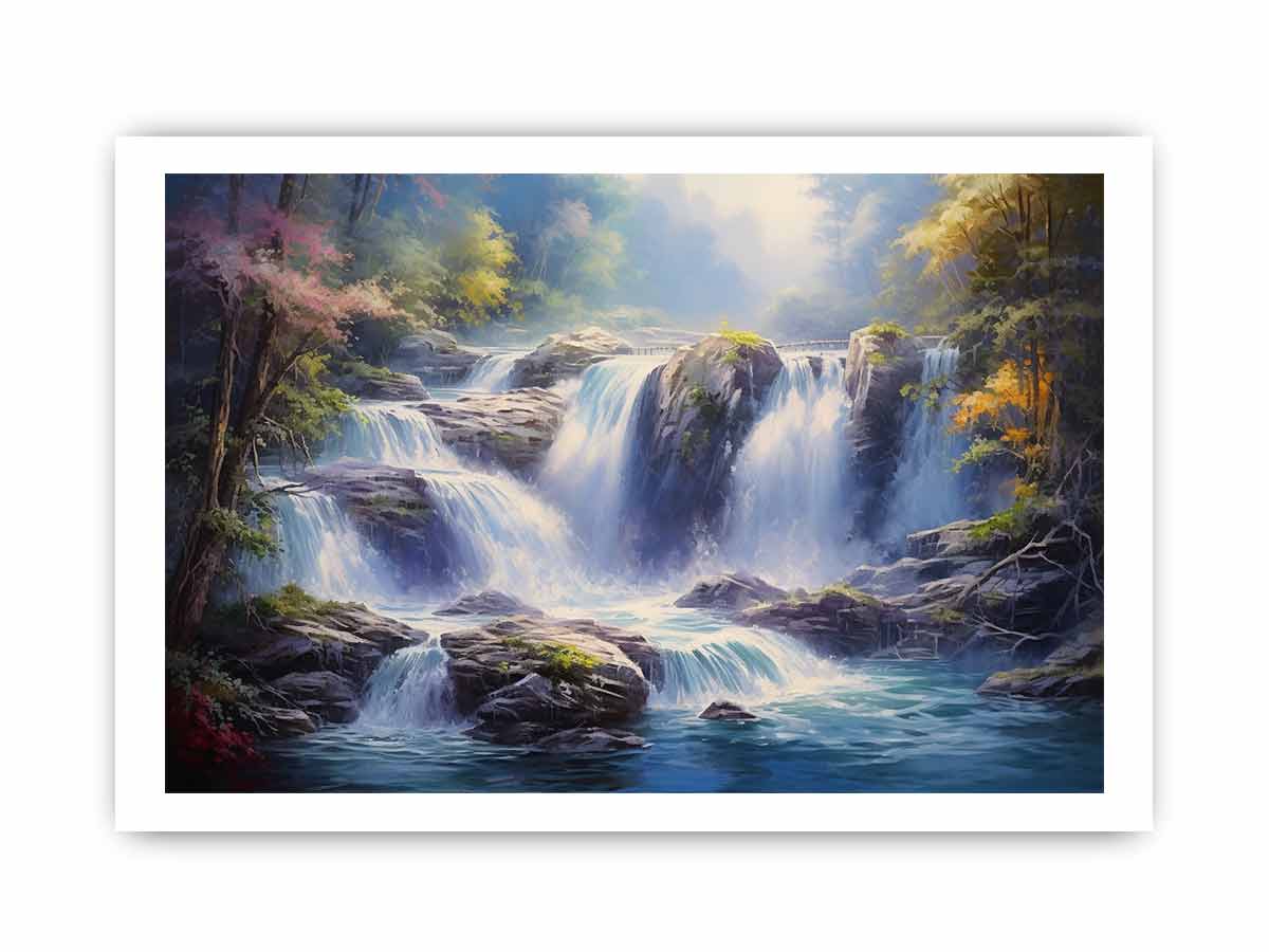 Cascade Light dramatic rocky waterfall painting for modern living room decor.
