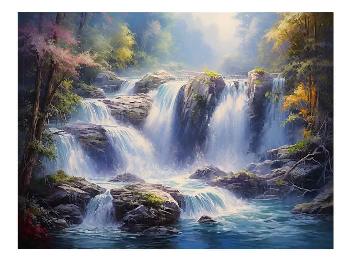 Cascade Light dramatic rocky waterfall painting for modern living room decor.