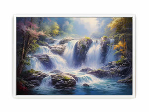Cascade Light dramatic rocky waterfall painting for modern living room decor.