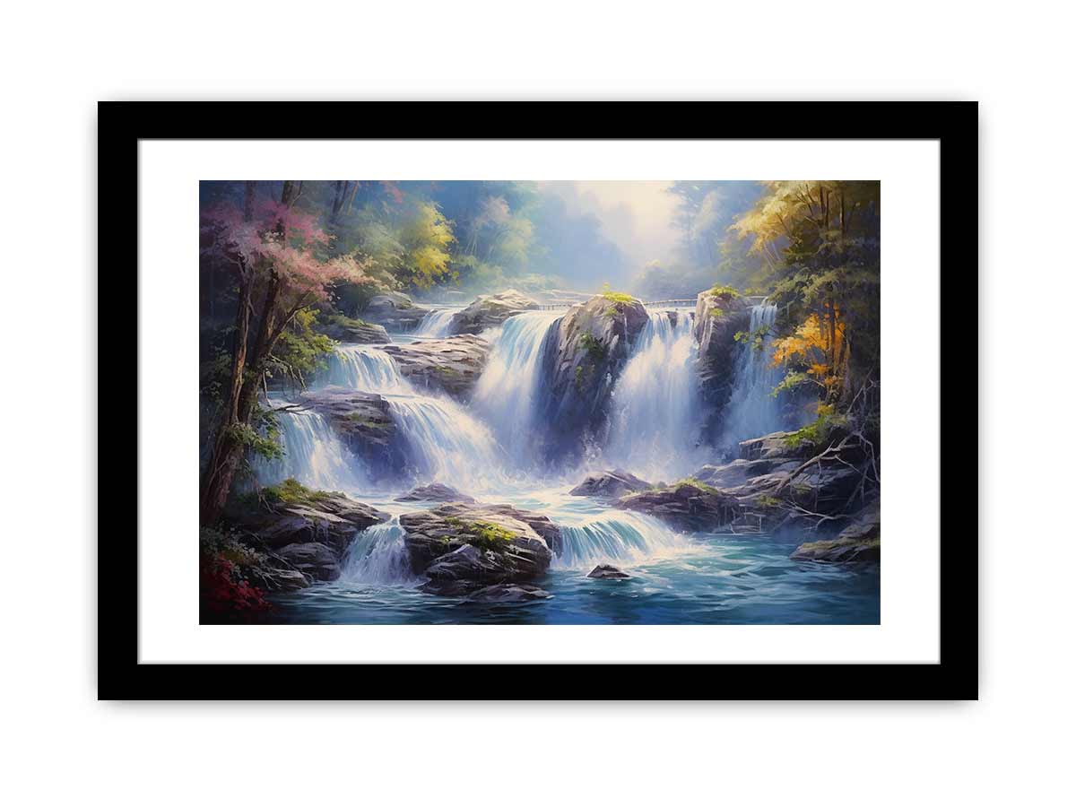 Cascade Light dramatic rocky waterfall painting for modern living room decor.