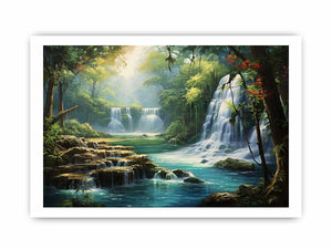 Hidden Lagoon tropical forest waterfall lagoon artwork for modern bedroom decor.