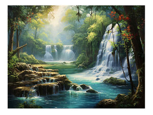 Hidden Lagoon tropical forest waterfall lagoon artwork for modern bedroom decor.
