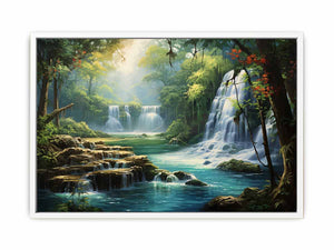 Hidden Lagoon tropical forest waterfall lagoon artwork for modern bedroom decor.