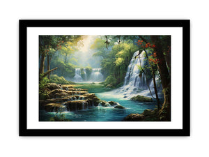 Hidden Lagoon tropical forest waterfall lagoon artwork for modern bedroom decor.