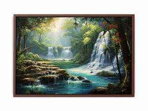 Hidden Lagoon tropical forest waterfall lagoon artwork for modern bedroom decor.