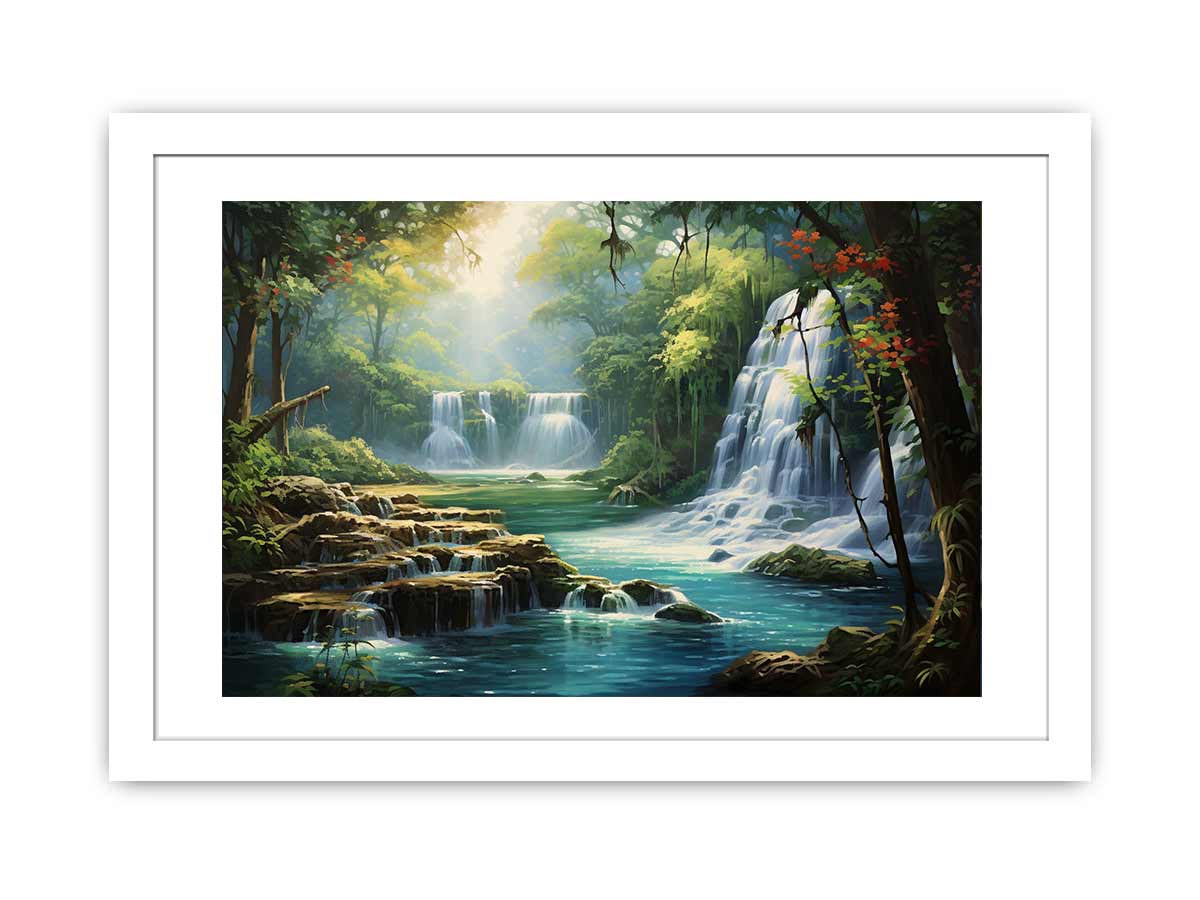 Hidden Lagoon tropical forest waterfall lagoon artwork for modern bedroom decor.