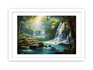 Hidden Lagoon tropical forest waterfall lagoon artwork for modern bedroom decor.