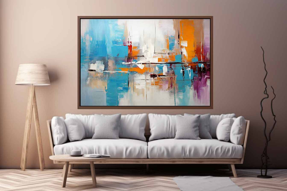 Urban Reflection bold teal orange abstract painting for modern living room decor.