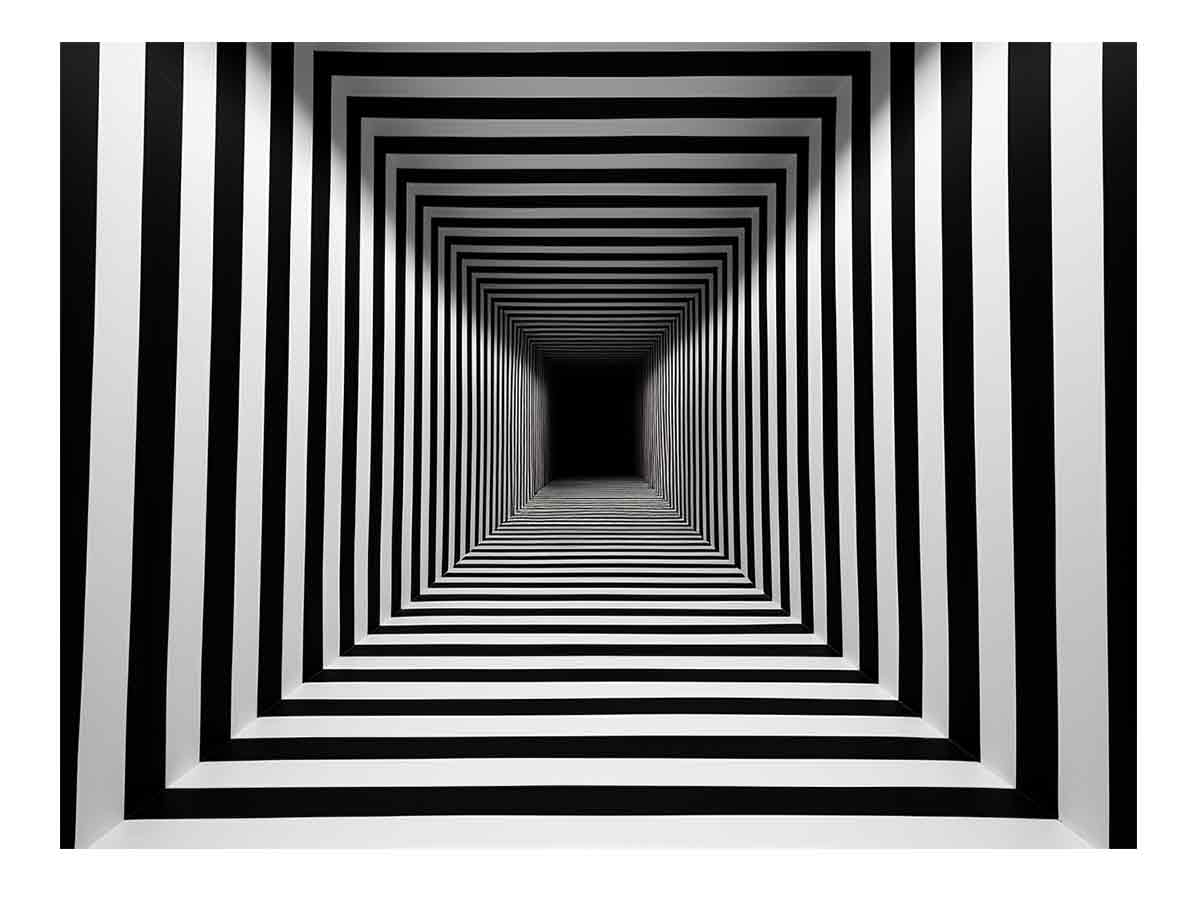 Infinite Contrast black and white optical illusion tunnel art for modern office decor.