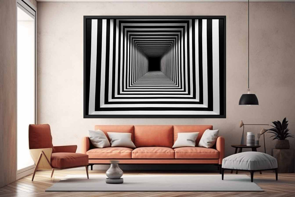 Infinite Contrast black and white optical illusion tunnel art for modern office decor.