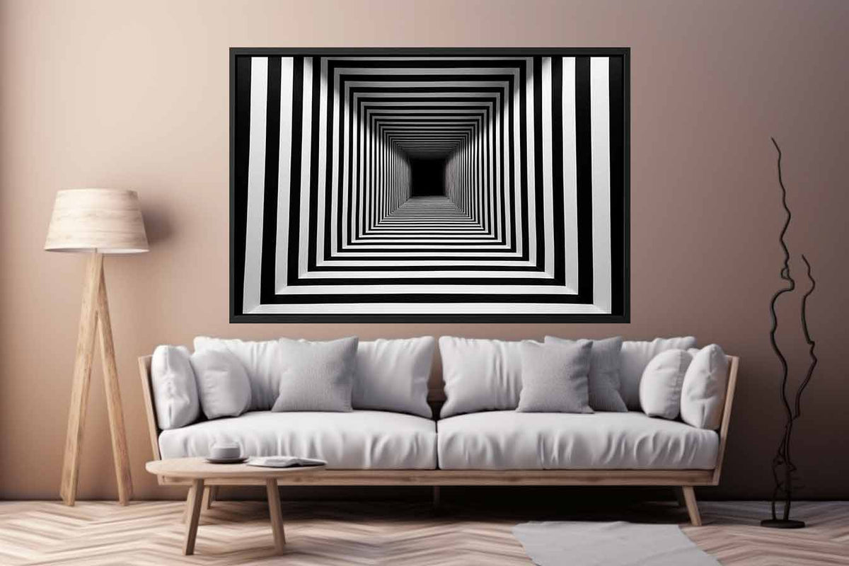 Infinite Contrast black and white optical illusion tunnel art for modern office decor.