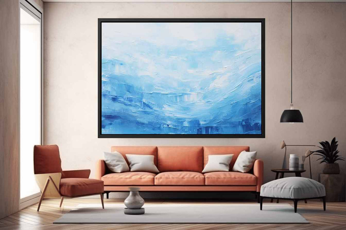 Soft Tide soft blue ocean abstract painting for modern bedroom decor.
