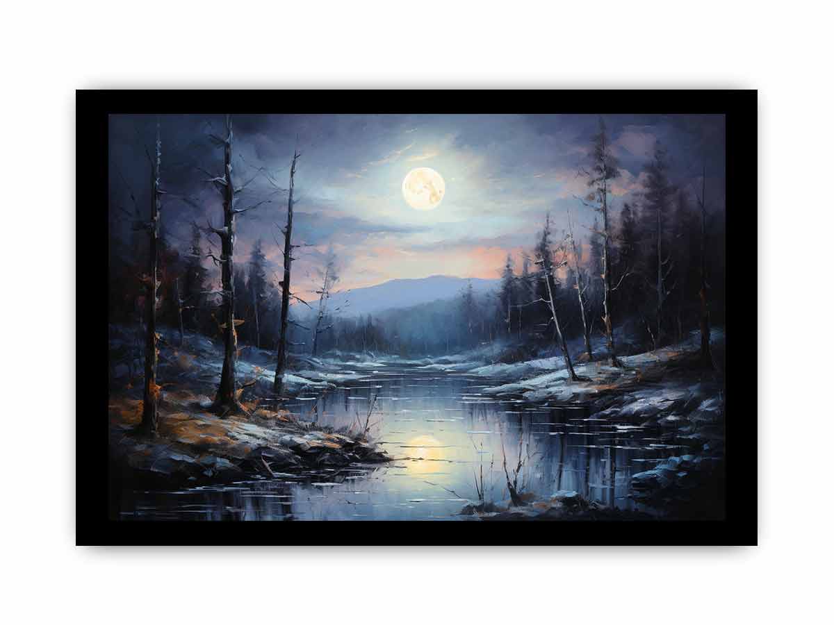 Silent Moonrise moonlit winter river landscape painting for modern bedroom decor.