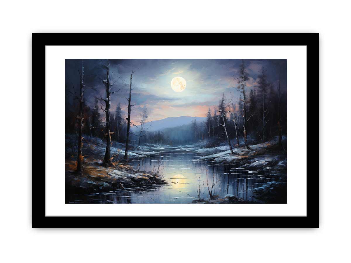 Silent Moonrise moonlit winter river landscape painting for modern bedroom decor.