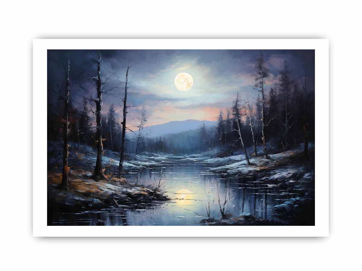 Silent Moonrise moonlit winter river landscape painting for modern bedroom decor.