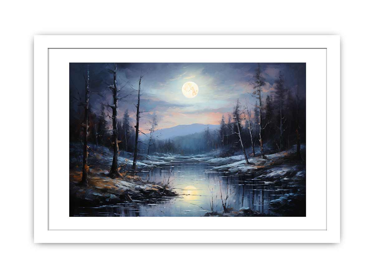 Silent Moonrise moonlit winter river landscape painting for modern bedroom decor.