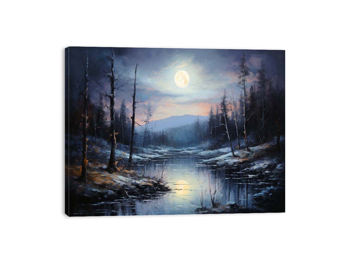 Silent Moonrise moonlit winter river landscape painting for modern bedroom decor.