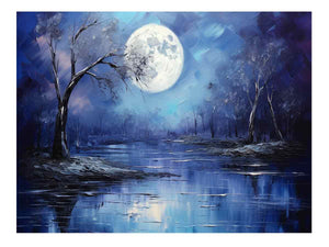 Lunar Blue blue moon forest lake painting for modern bedroom decor.