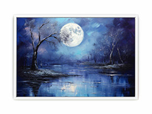 Lunar Blue blue moon forest lake painting for modern bedroom decor.