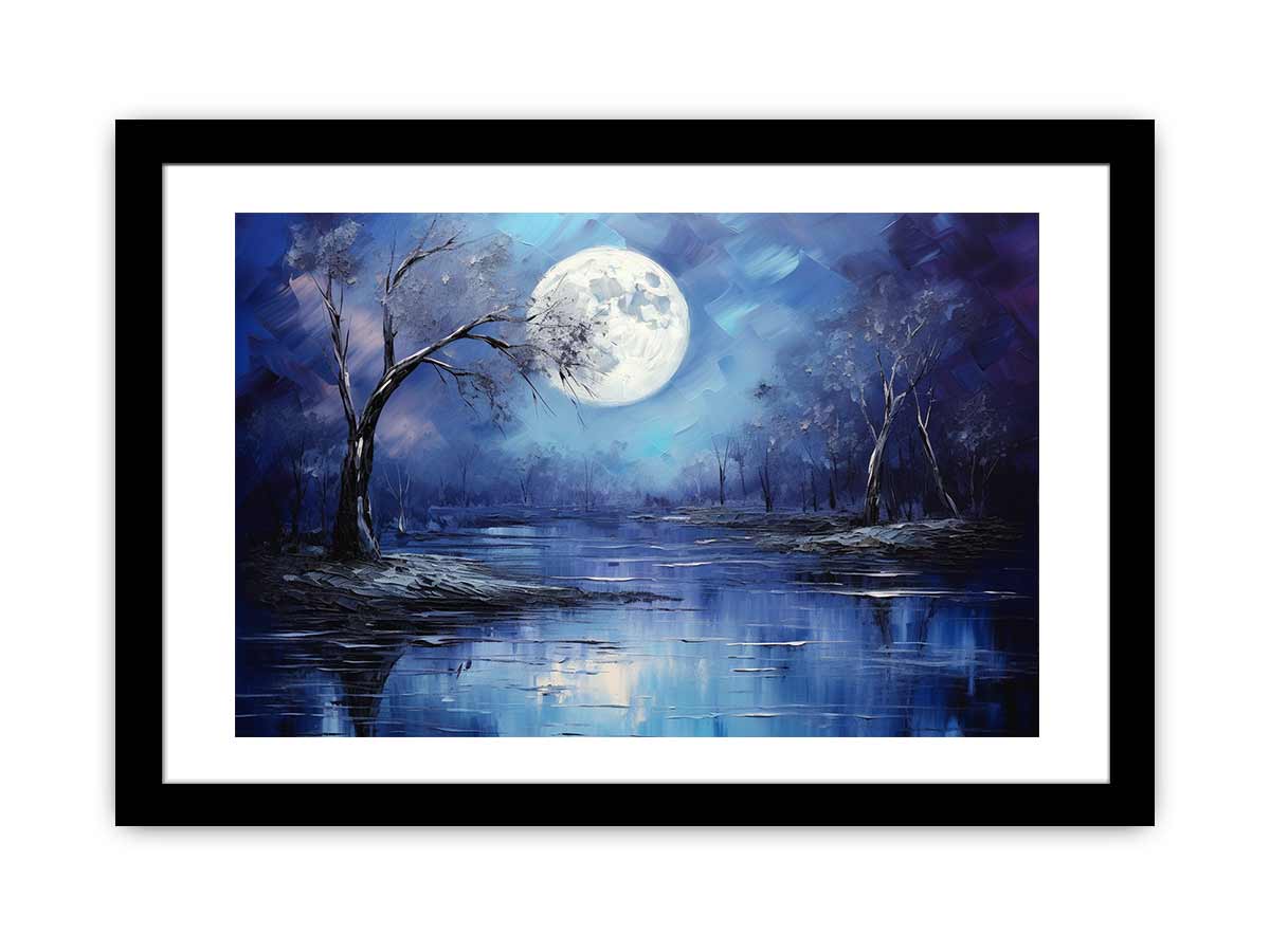 Lunar Blue blue moon forest lake painting for modern bedroom decor.