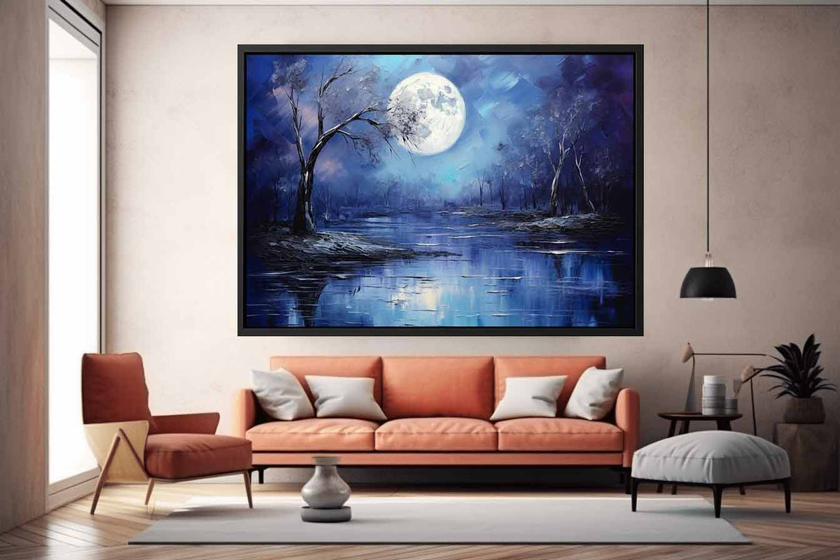 Lunar Blue blue moon forest lake painting for modern bedroom decor.