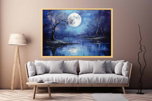 Lunar Blue blue moon forest lake painting for modern bedroom decor.