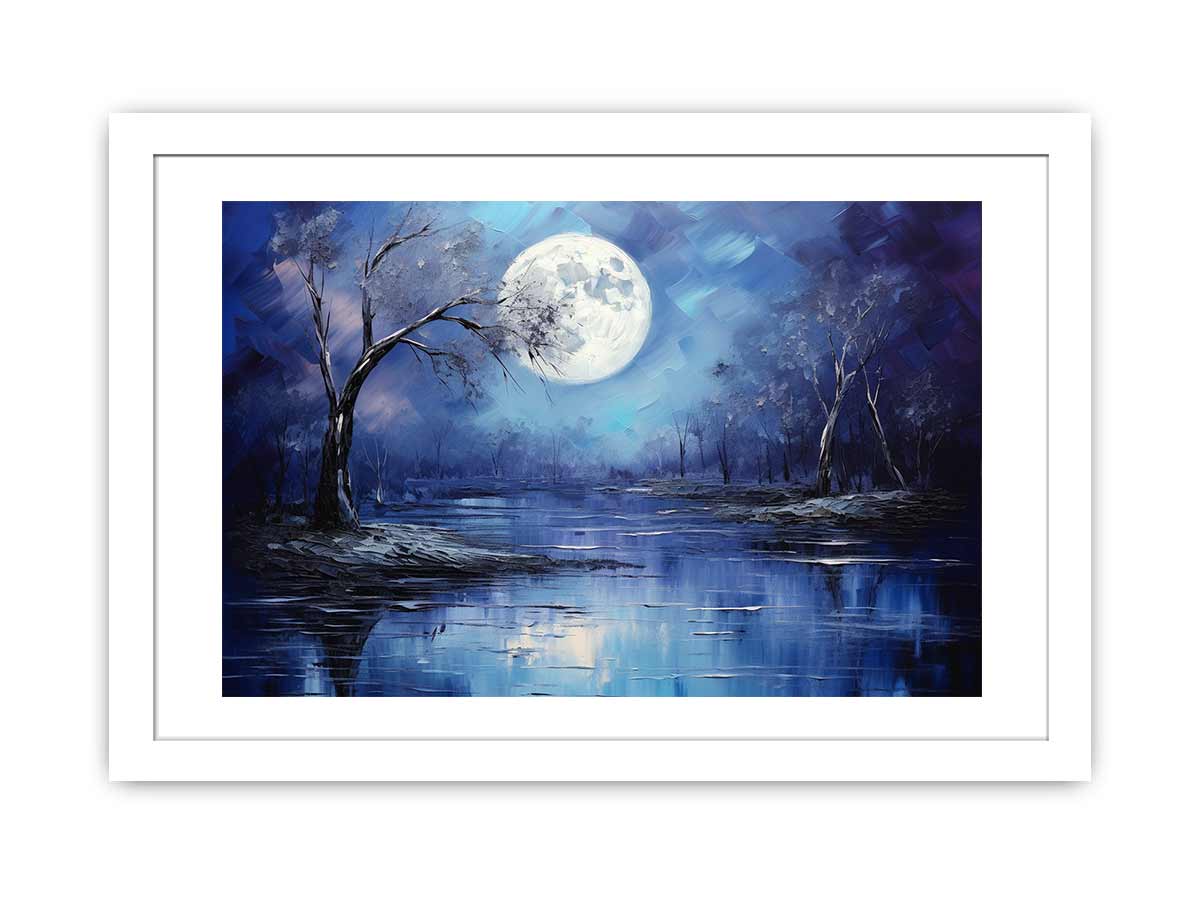 Lunar Blue blue moon forest lake painting for modern bedroom decor.
