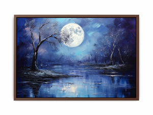 Lunar Blue blue moon forest lake painting for modern bedroom decor.