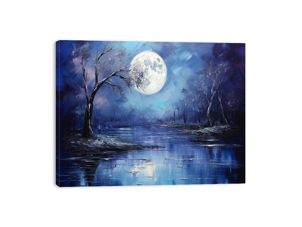 Lunar Blue blue moon forest lake painting for modern bedroom decor.