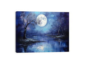 Lunar Blue blue moon forest lake painting for modern bedroom decor.