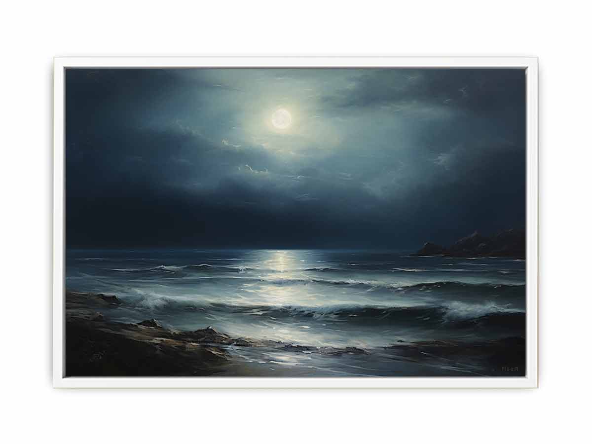 Midnight Coast dark moonlit ocean seascape painting for modern living room decor.