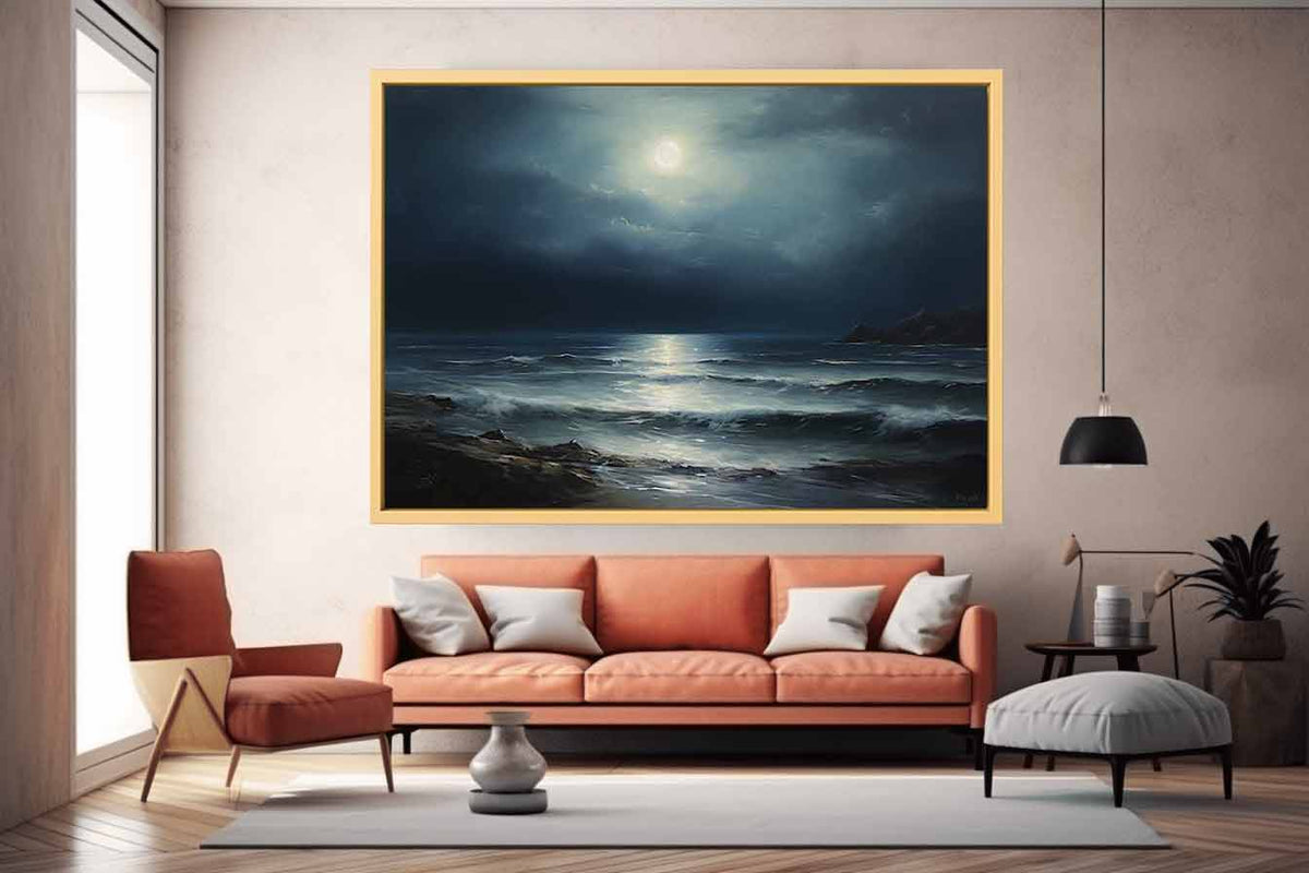 Midnight Coast dark moonlit ocean seascape painting for modern living room decor.