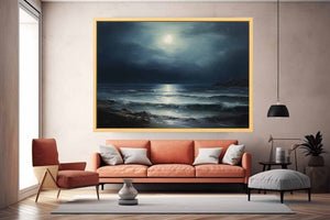 Midnight Coast dark moonlit ocean seascape painting for modern living room decor.