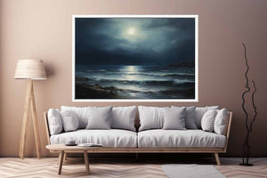 Midnight Coast dark moonlit ocean seascape painting for modern living room decor.