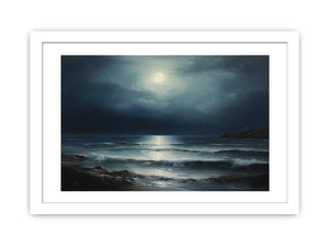 Midnight Coast dark moonlit ocean seascape painting for modern living room decor.