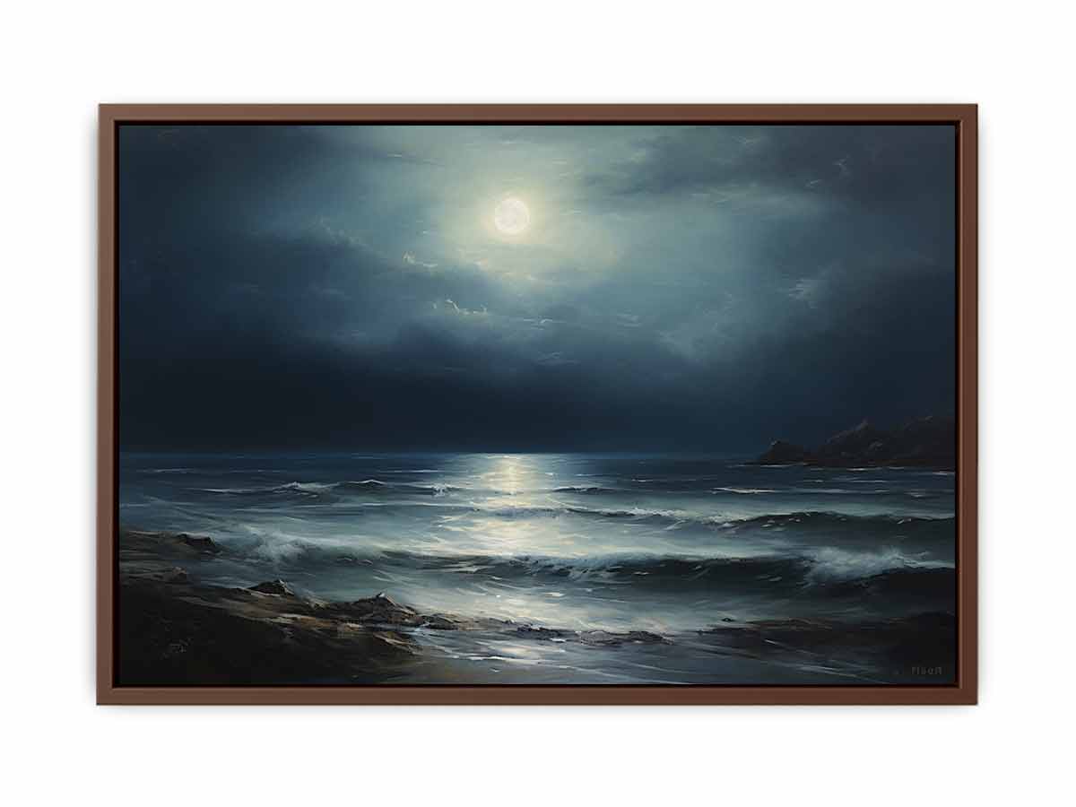 Midnight Coast dark moonlit ocean seascape painting for modern living room decor.